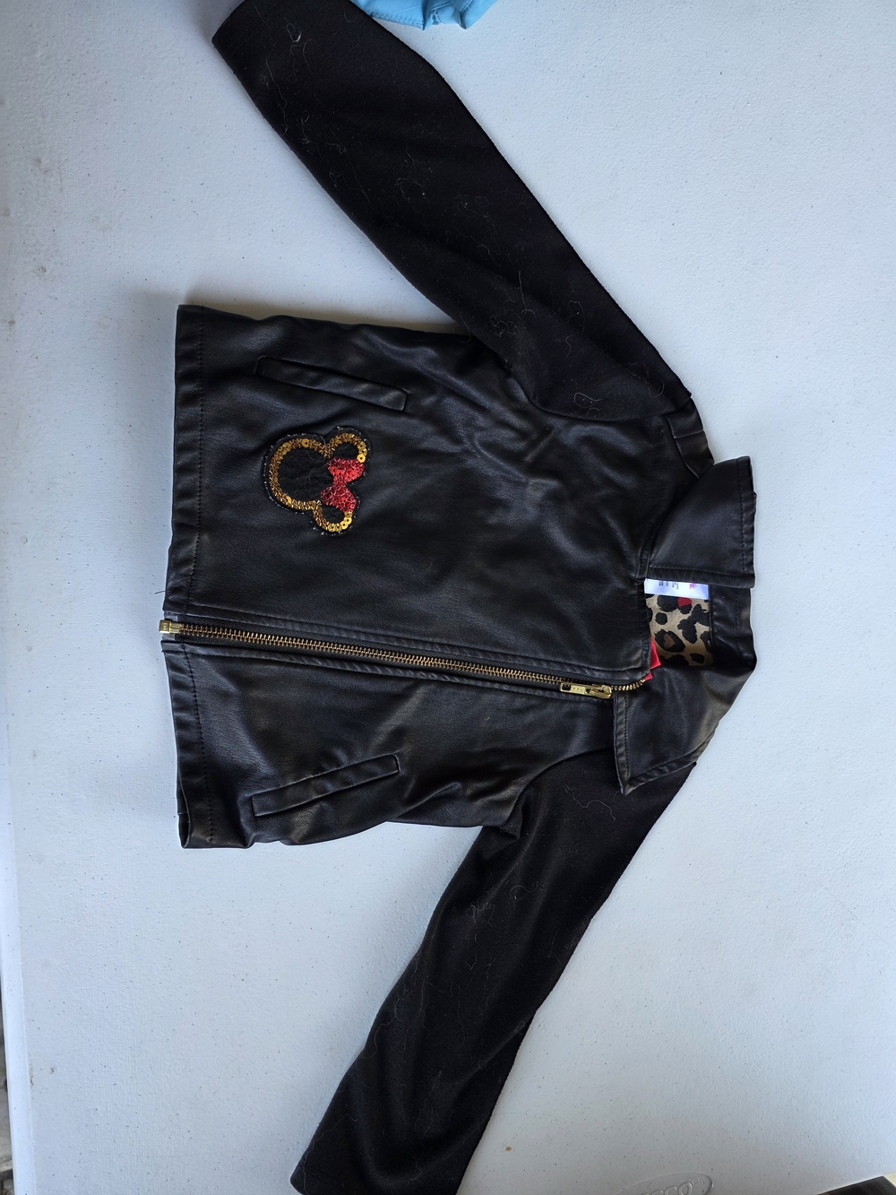 Disney Black Faux Leather Jean-Style Jacket with Sequin Minnie Patch